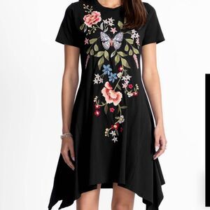 Johnny Was Black Dress with Floral and Butterfly Embroidery Worn Once size large